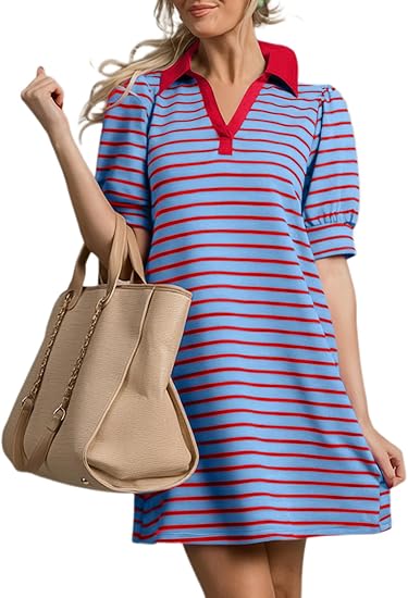 Women's Casual Polo V Neck T Shirt Striped Dress
