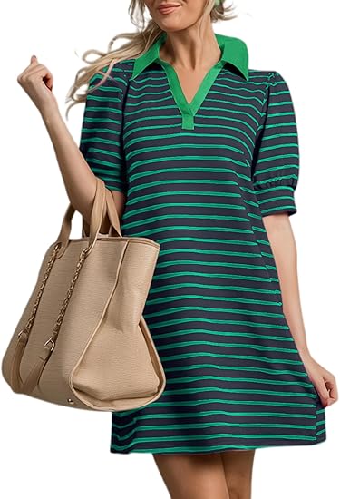 Women's Casual Polo V Neck T Shirt Striped Dress