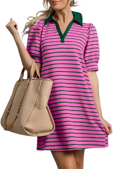 Women's Casual Polo V Neck T Shirt Striped Dress