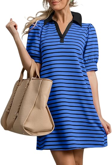Women's Casual Polo V Neck T Shirt Striped Dress