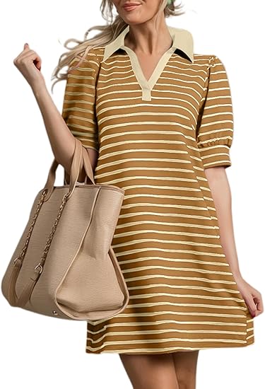 Women's Casual Polo V Neck T Shirt Striped Dress