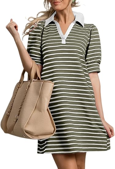 Women's Casual Polo V Neck T Shirt Striped Dress