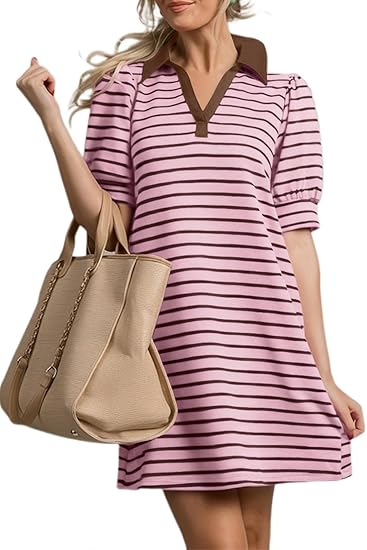 Women's Casual Polo V Neck T Shirt Striped Dress