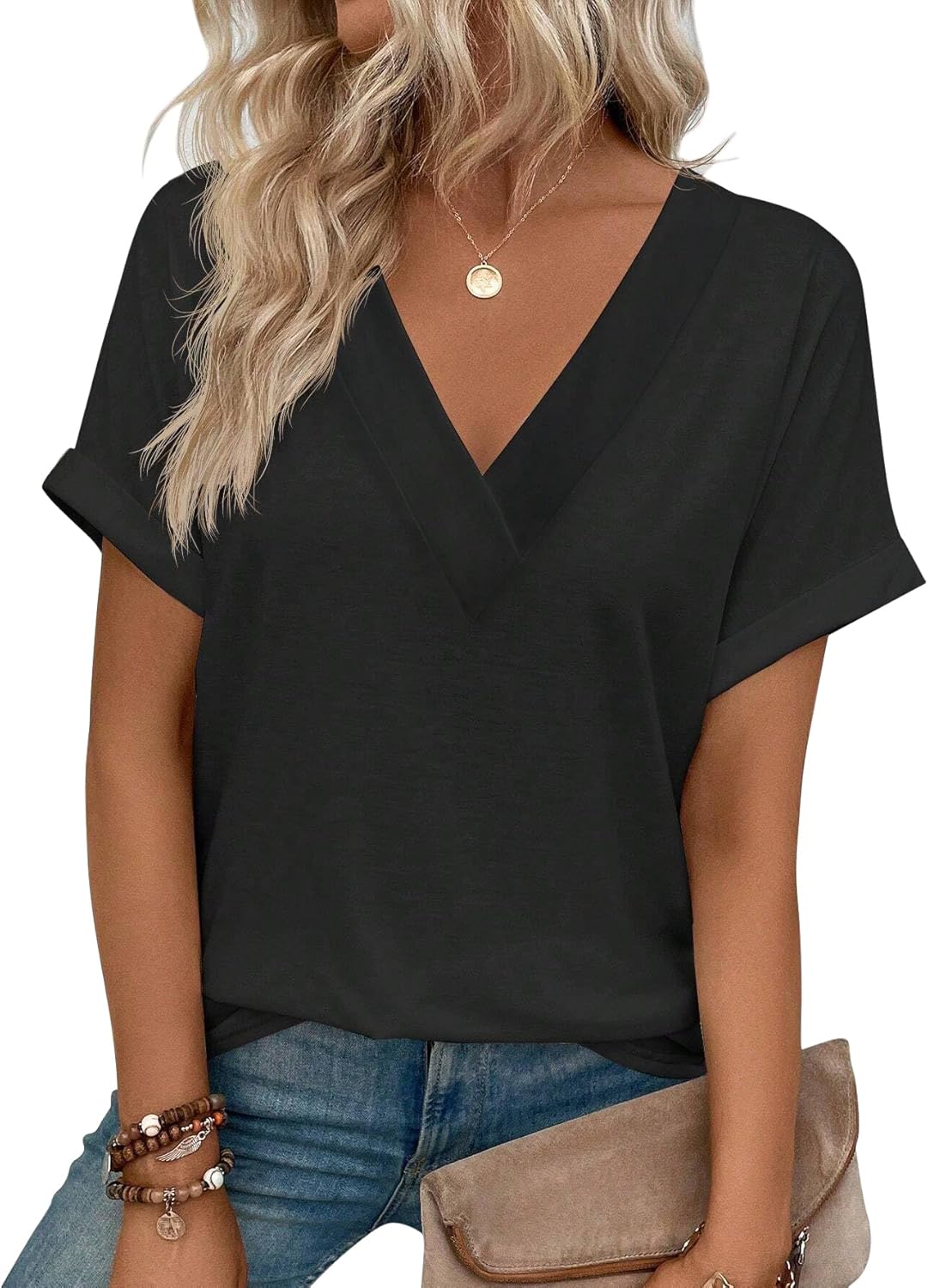 zeile Womens Summer Tops V Neck T Shirts 2025 Short Sleeve Lightweight Soft Fashion Casual Outfits Tee