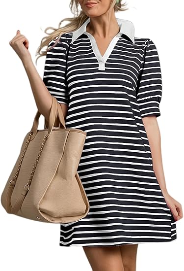 Women's Casual Polo V Neck T Shirt Striped Dress