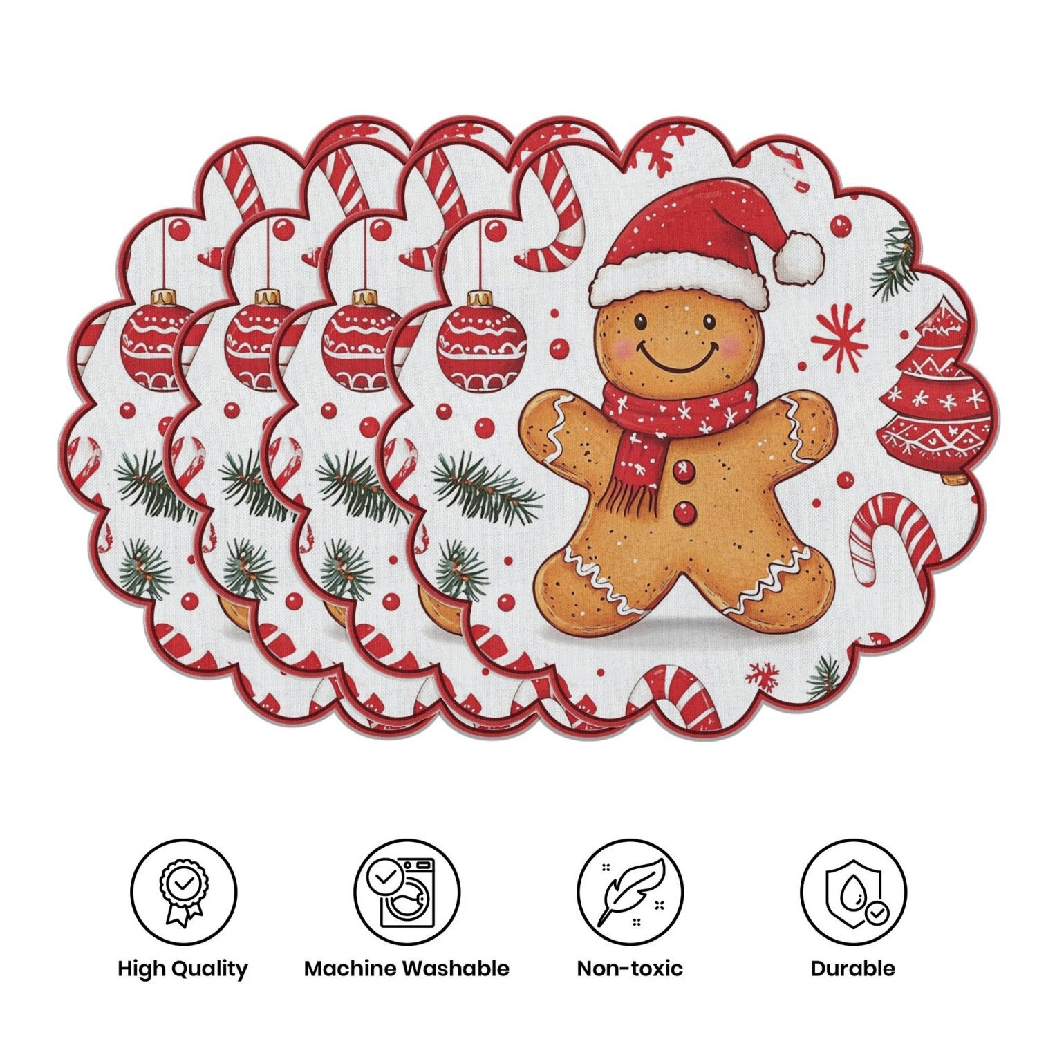 10-piece winter placemats, shaped like poinsettias and pine cones, made of non-slip fabric.