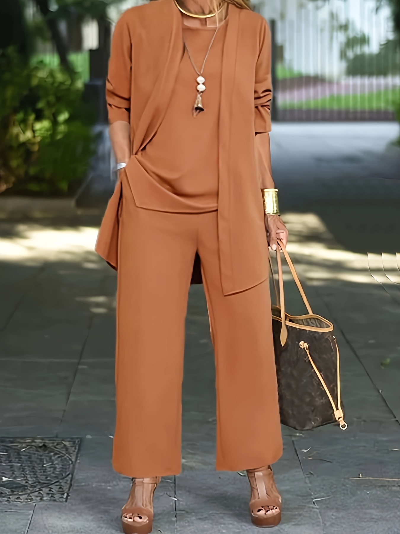 Casual Three-piece Solid Set, Long Sleeve Cardigan & Top & Long Pants Outfits