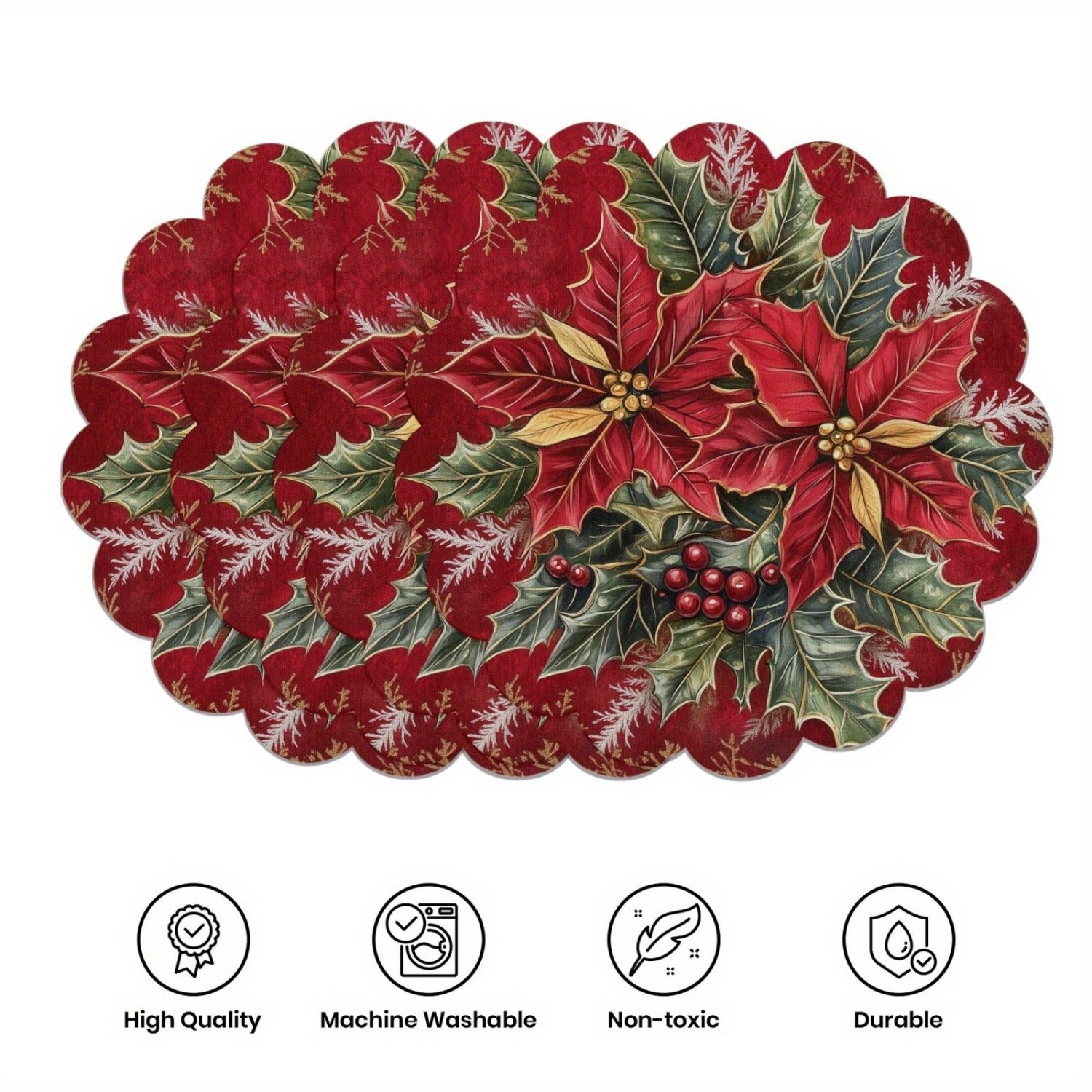 10-piece winter placemats, shaped like poinsettias and pine cones, made of non-slip fabric.