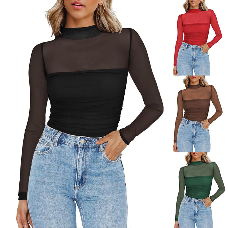 💃Last Day Sales -50% OFF🎉Women's Sparkle Mesh Sheer Long Sleeve Ruched Top