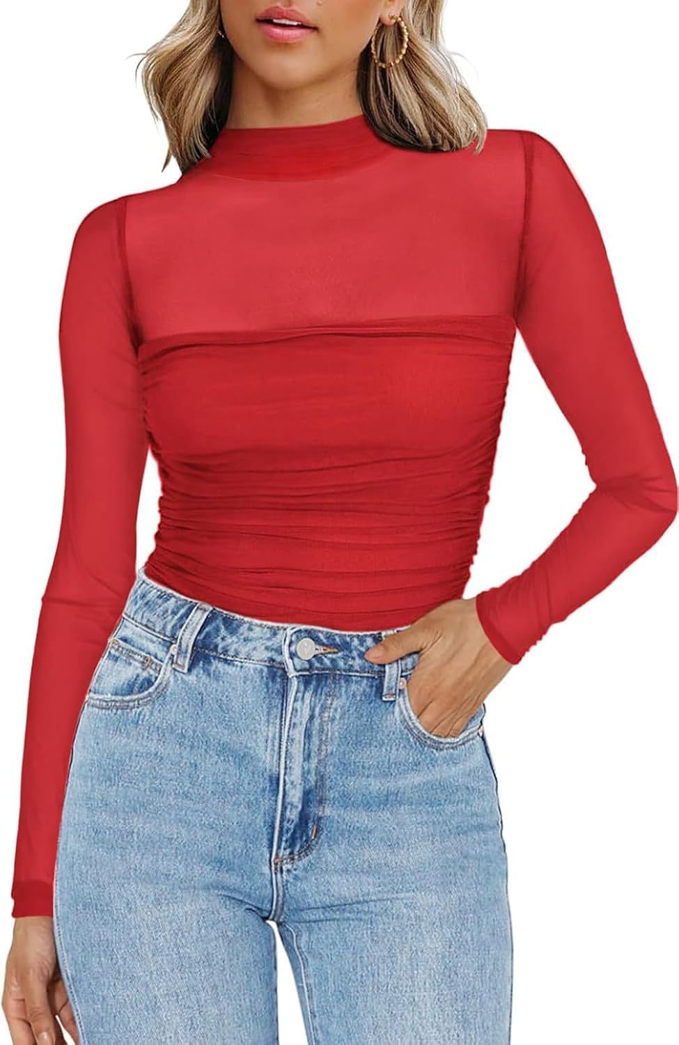 💃Last Day Sales -50% OFF🎉Women's Sparkle Mesh Sheer Long Sleeve Ruched Top