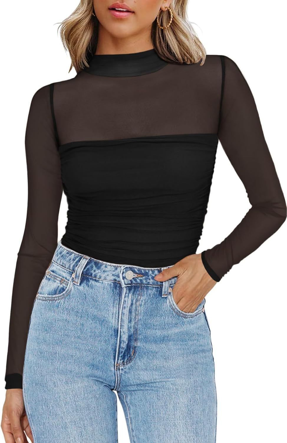 💃Last Day Sales -50% OFF🎉Women's Sparkle Mesh Sheer Long Sleeve Ruched Top
