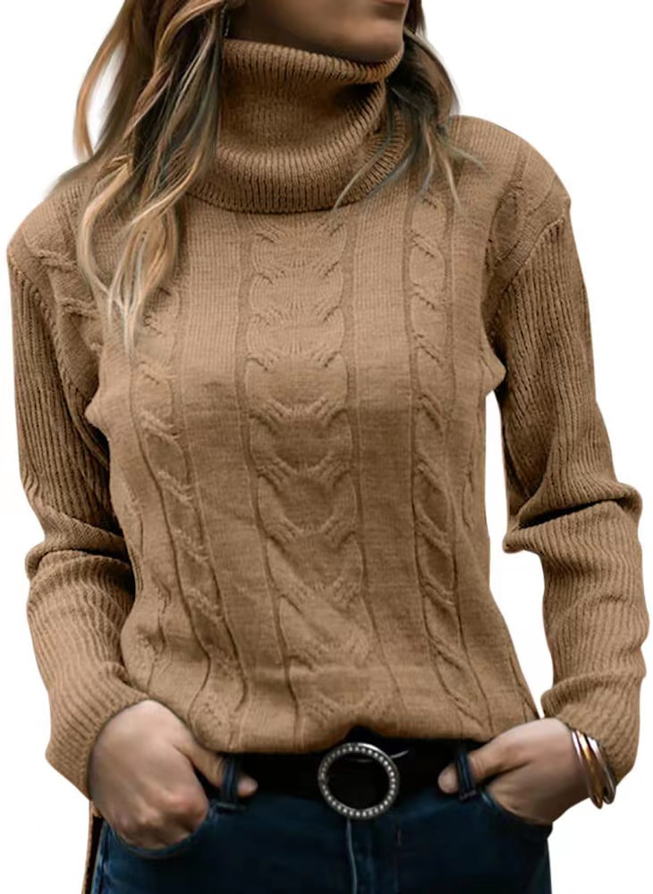 2025 Retro Solid Color Cable Knit High Neck Cashmere Knit Sweater
