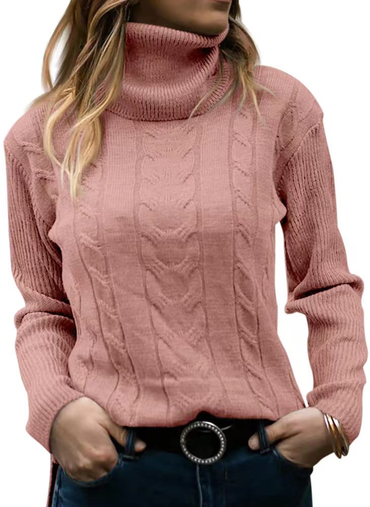 2025 Retro Solid Color Cable Knit High Neck Cashmere Knit Sweater