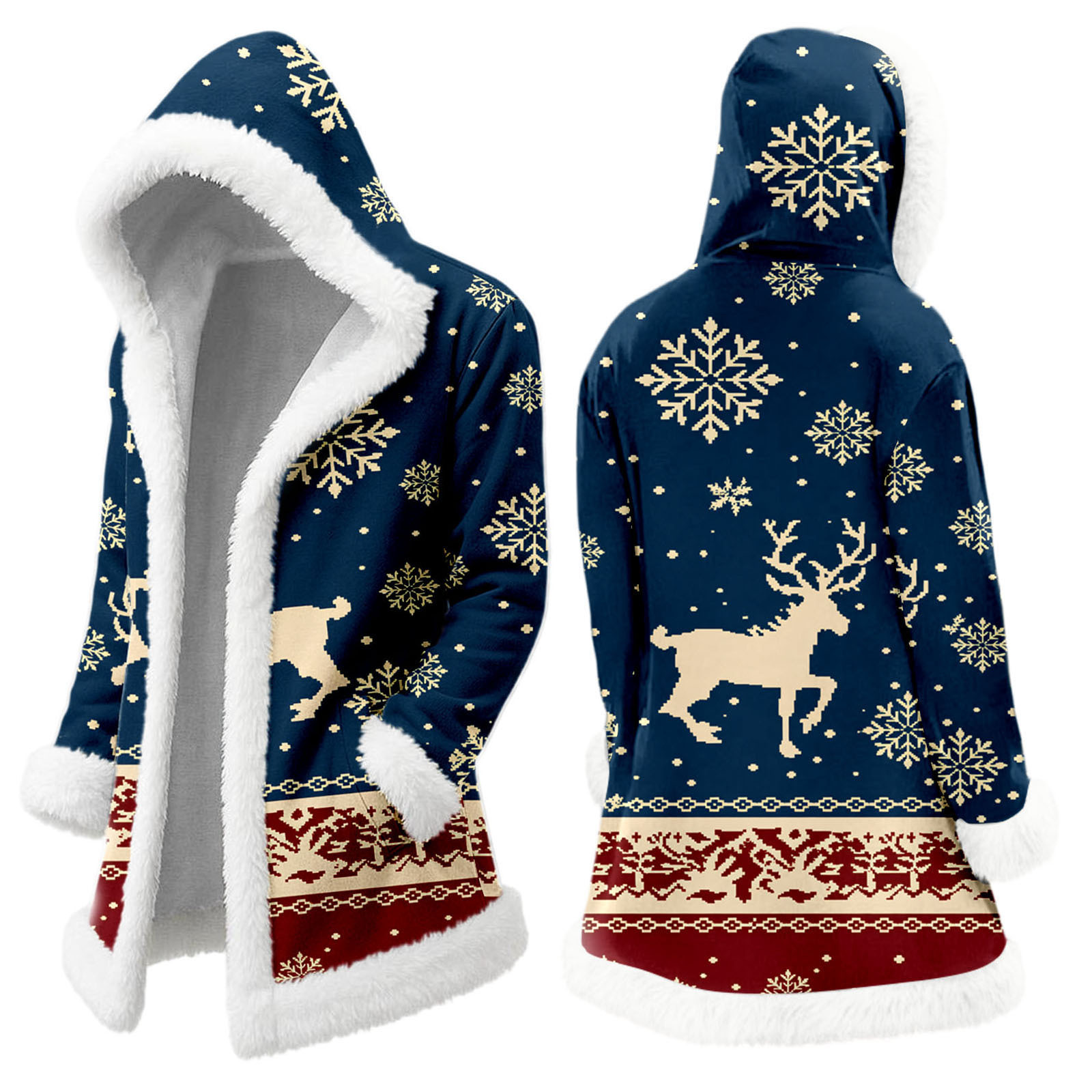 2025 Men's Christmas Long Cardigan Hoodie Santa Claus Warm Hooded Jacket