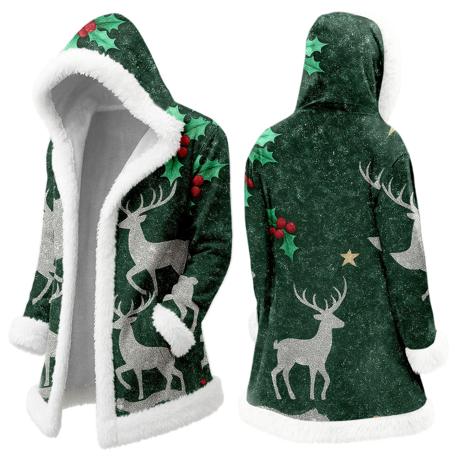 2025 Men's Christmas Long Cardigan Hoodie Santa Claus Warm Hooded Jacket