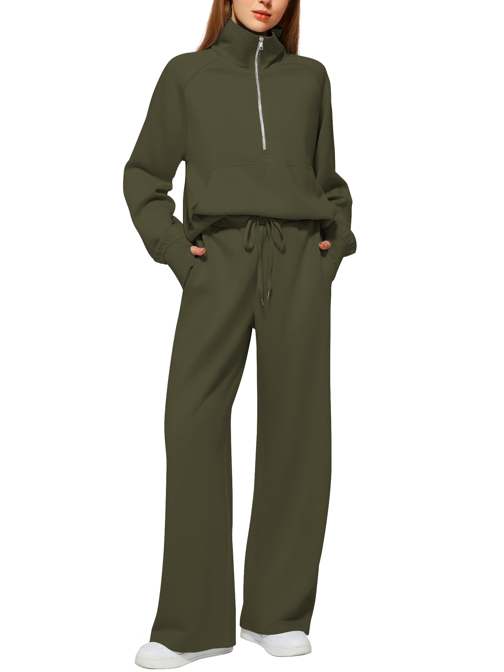 Women's Cotton Two-Piece Oversized Half-Zip Sweatshirt Wide Leg Sweatpants Casual Suit