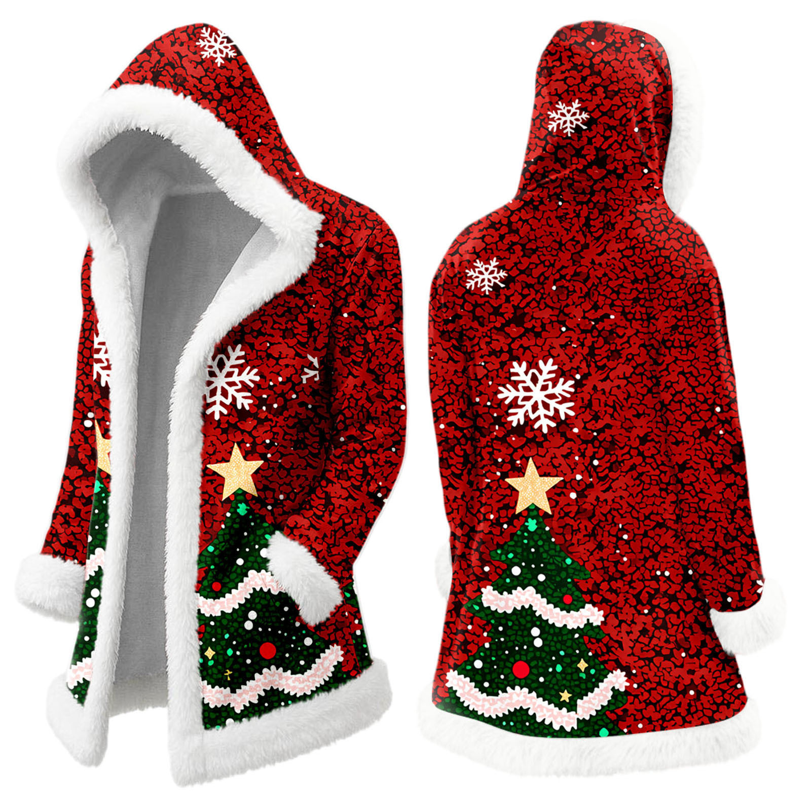 2025 Men's Christmas Long Cardigan Hoodie Santa Claus Warm Hooded Jacket