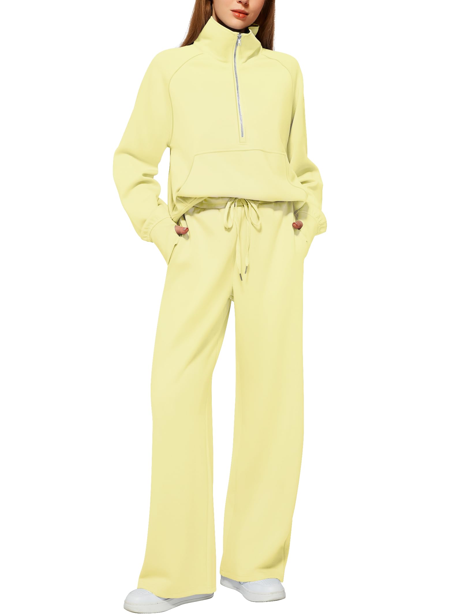 Women's Cotton Two-Piece Oversized Half-Zip Sweatshirt Wide Leg Sweatpants Casual Suit