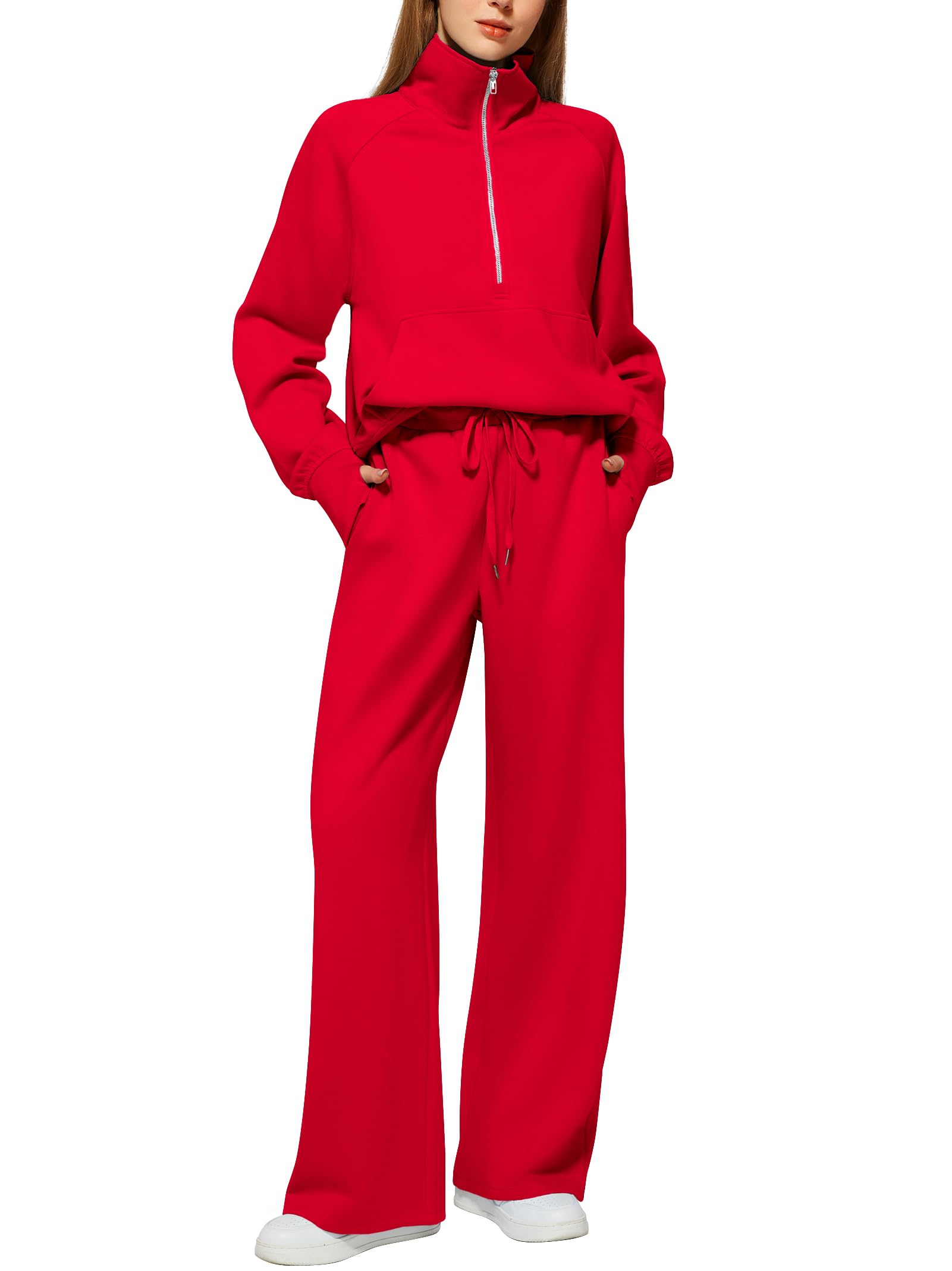 Women's Cotton Two-Piece Oversized Half-Zip Sweatshirt Wide Leg Sweatpants Casual Suit