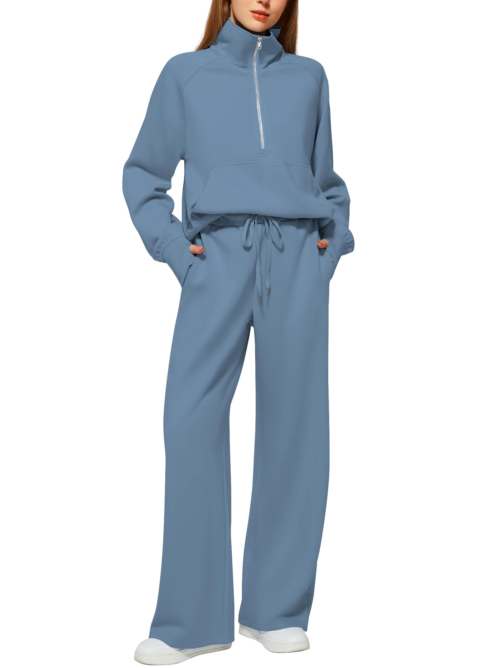 Women's Cotton Two-Piece Oversized Half-Zip Sweatshirt Wide Leg Sweatpants Casual Suit
