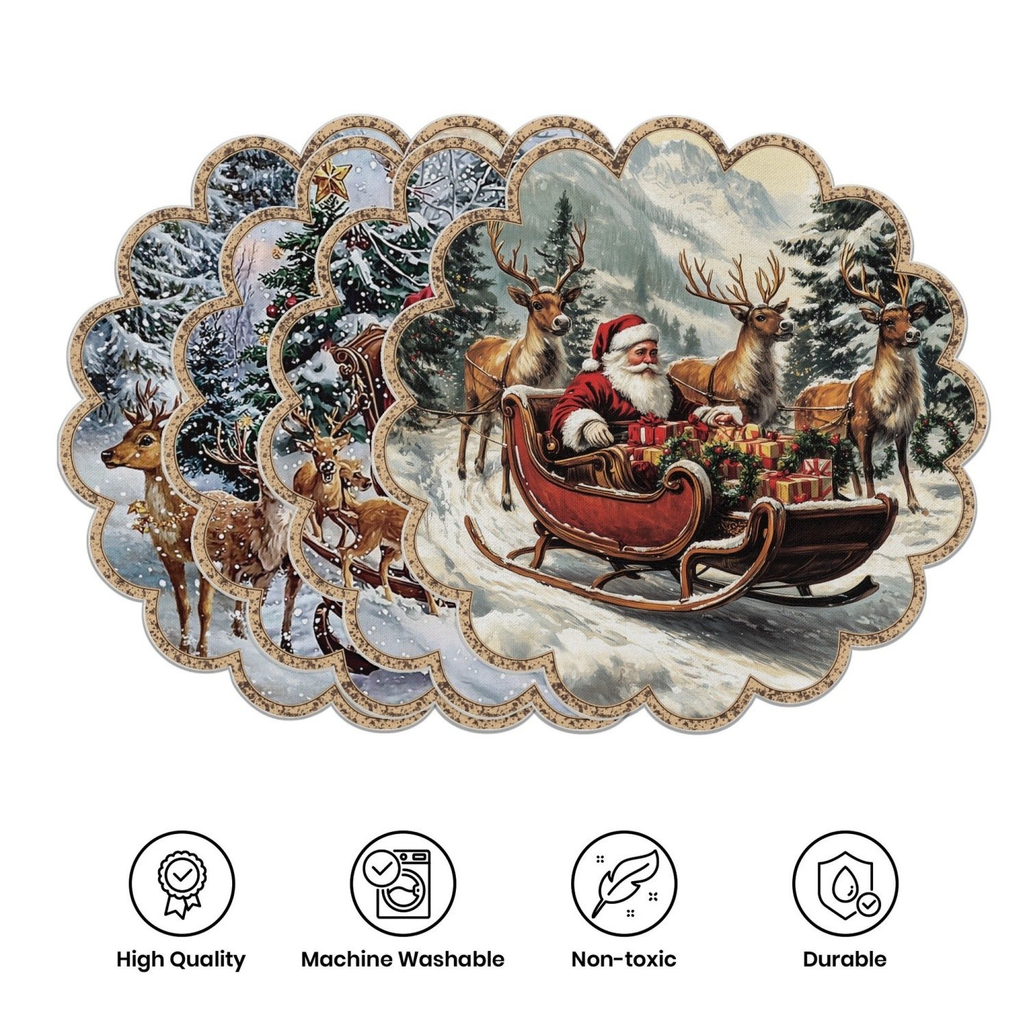 10-piece winter placemats, shaped like poinsettias and pine cones, made of non-slip fabric.