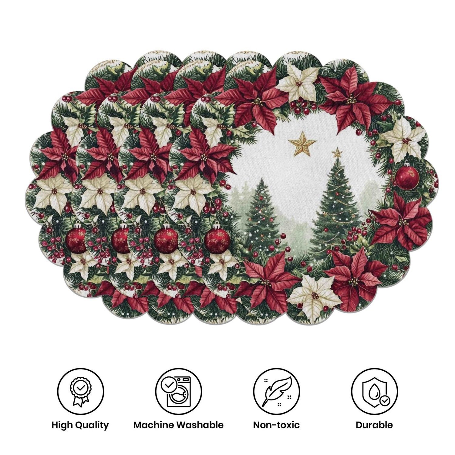 10-piece winter placemats, shaped like poinsettias and pine cones, made of non-slip fabric.