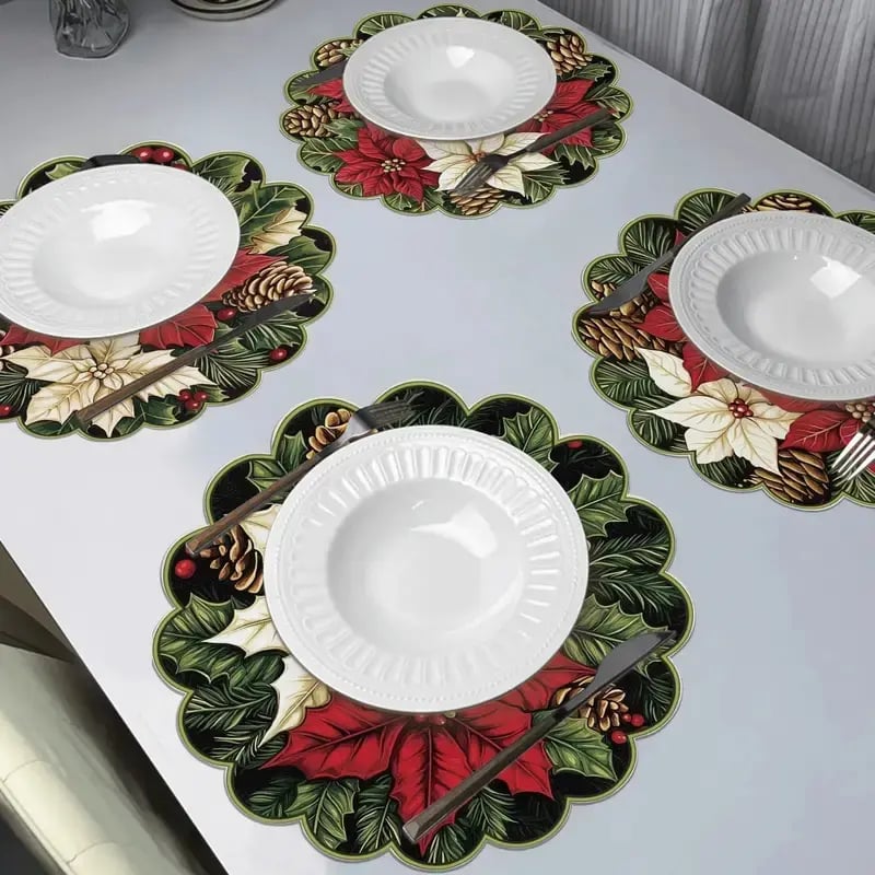 10-piece winter placemats, shaped like poinsettias and pine cones, made of non-slip fabric.