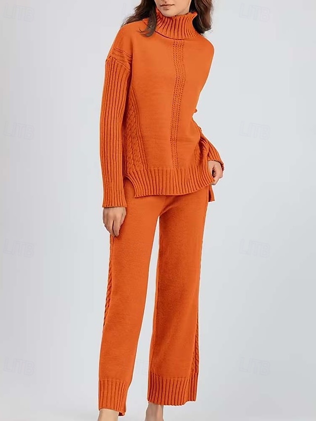 Turtleneck Sweater Co-ords Knitted Fall Winter Home Basic Casual Long Sleeve Solid Color Royal Blue Orange