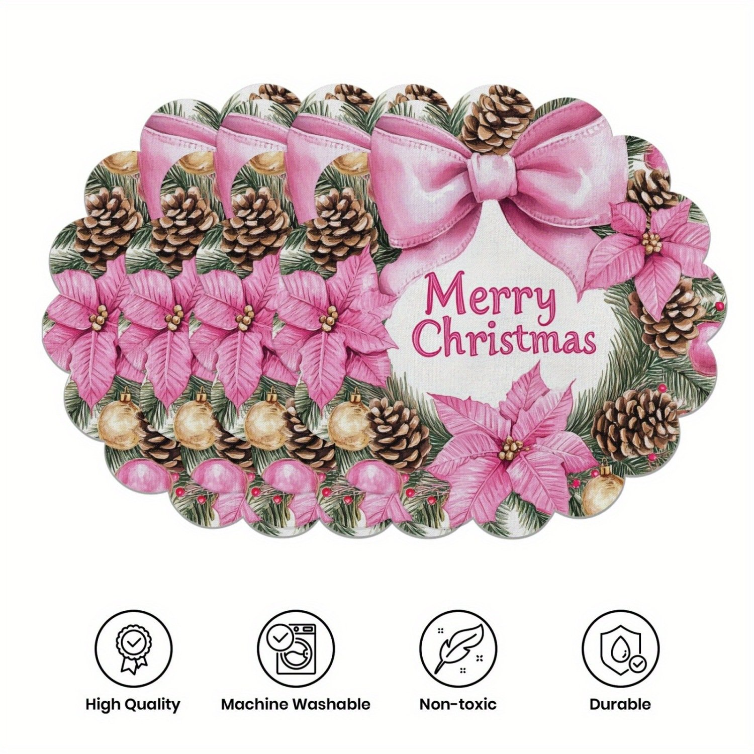 10-piece winter placemats, shaped like poinsettias and pine cones, made of non-slip fabric.