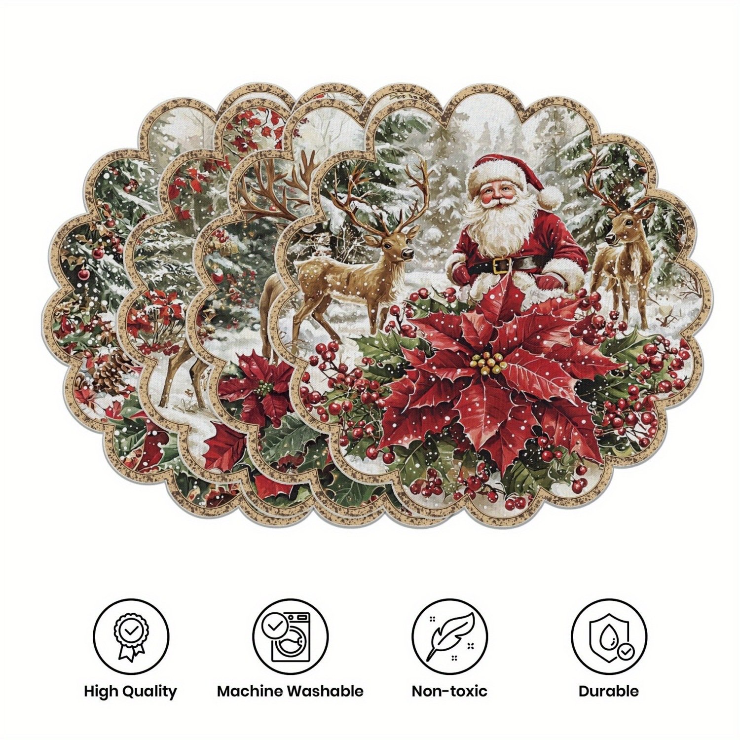 10-piece winter placemats, shaped like poinsettias and pine cones, made of non-slip fabric.