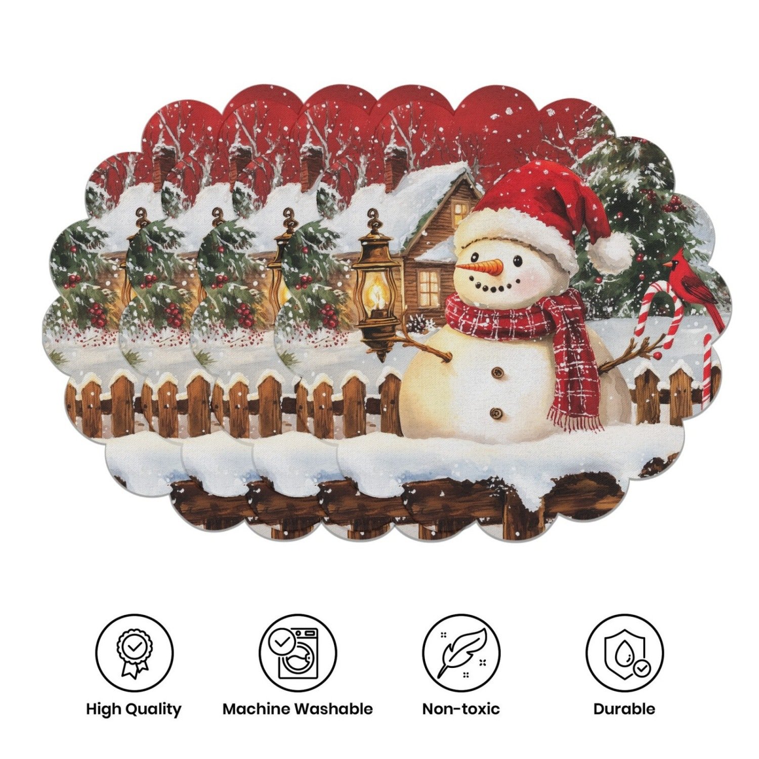 10-piece winter placemats, shaped like poinsettias and pine cones, made of non-slip fabric.