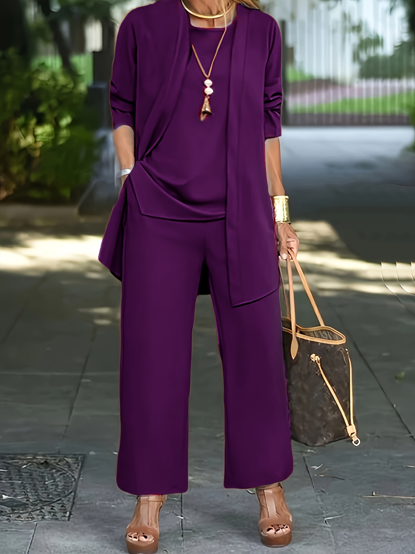 Casual Three-piece Solid Set, Long Sleeve Cardigan & Top & Long Pants Outfits