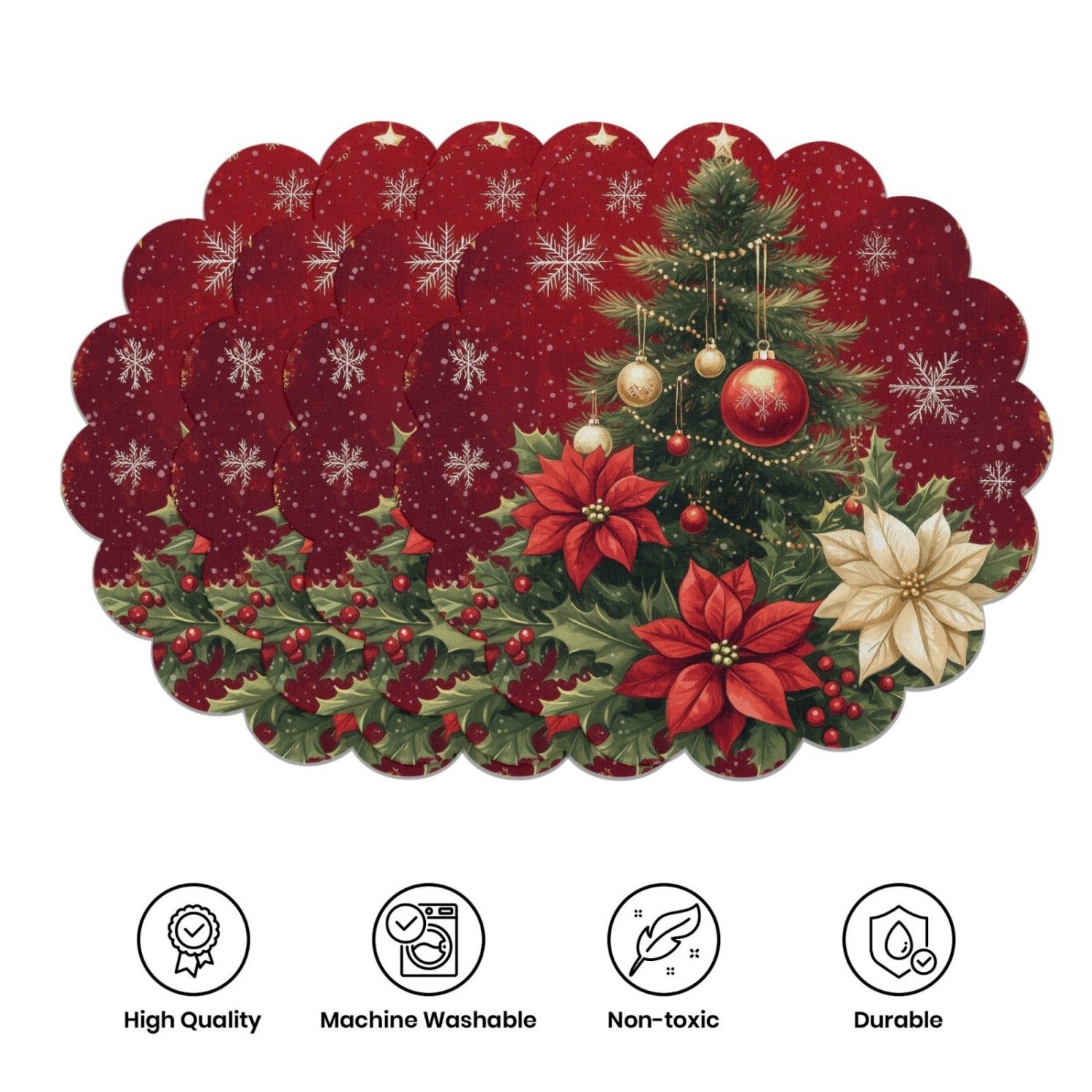 10-piece winter placemats, shaped like poinsettias and pine cones, made of non-slip fabric.