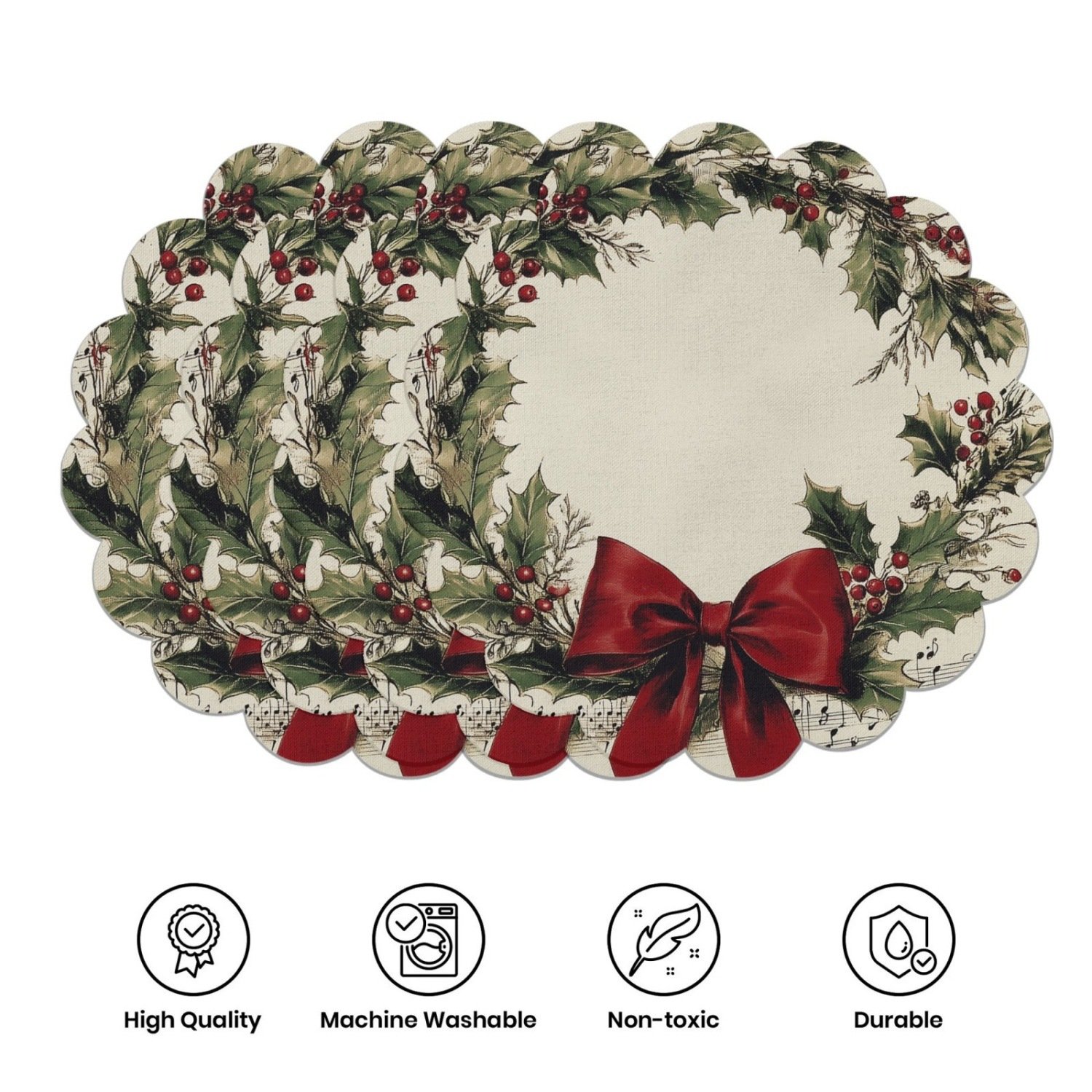 10-piece winter placemats, shaped like poinsettias and pine cones, made of non-slip fabric.