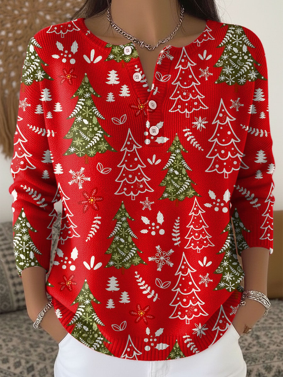 Christmas Women's Elegant and Stylish Patterned Round Neck Sweater with Button Print