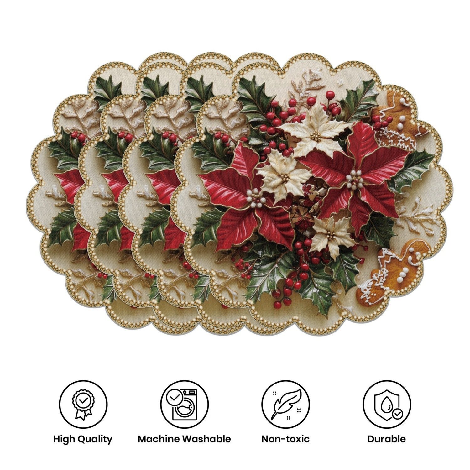 10-piece winter placemats, shaped like poinsettias and pine cones, made of non-slip fabric.