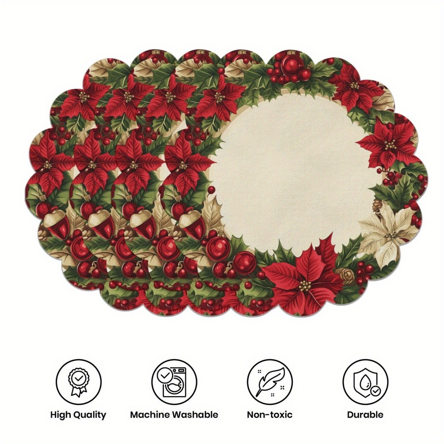 10-piece winter placemats, shaped like poinsettias and pine cones, made of non-slip fabric.