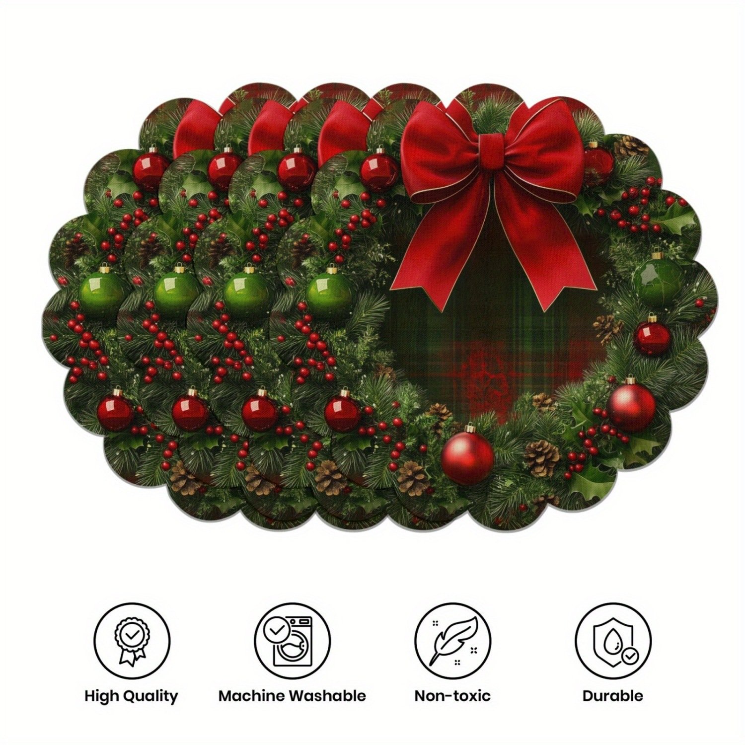 10-piece winter placemats, shaped like poinsettias and pine cones, made of non-slip fabric.