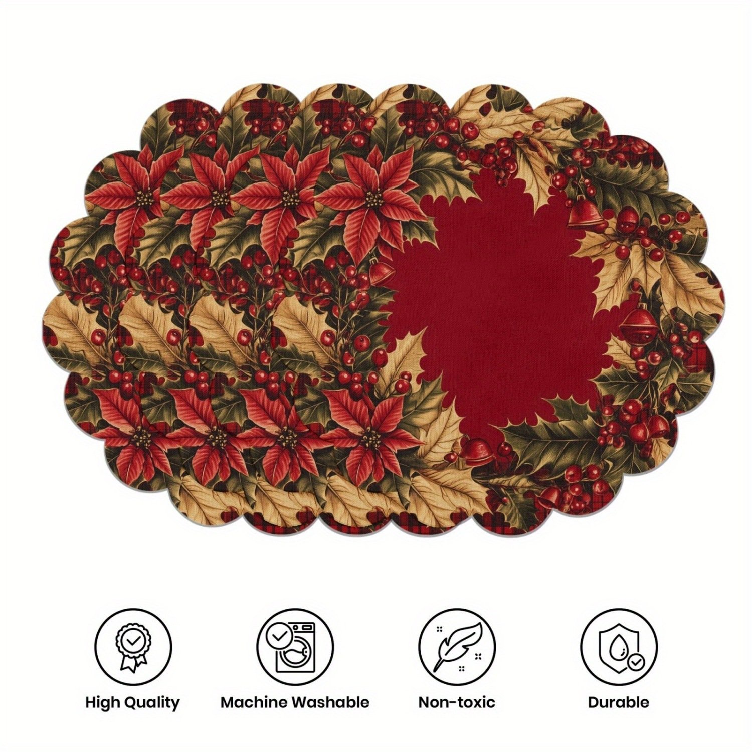 10-piece winter placemats, shaped like poinsettias and pine cones, made of non-slip fabric.