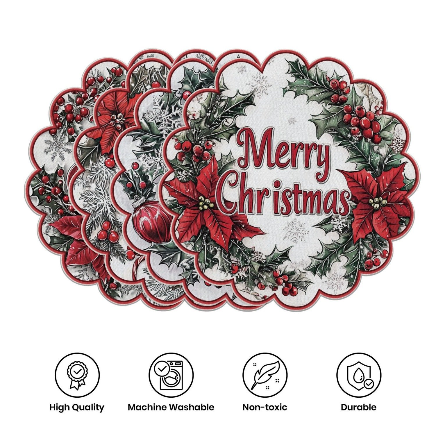 10-piece winter placemats, shaped like poinsettias and pine cones, made of non-slip fabric.