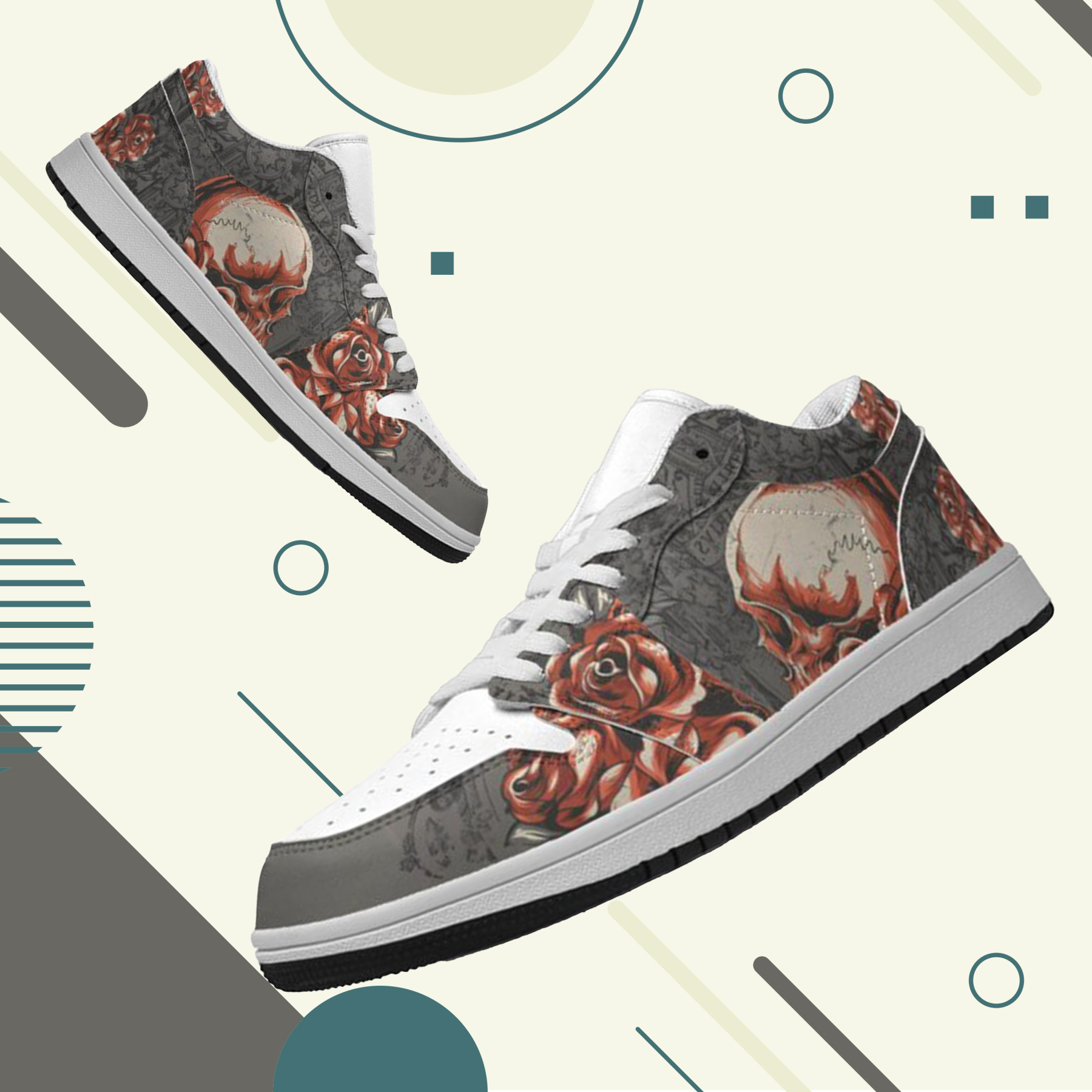 Jordan 1 Retro Low Sneakers, Personalized Gothic Shoes, Skull Design, Unisex Non Slip Walking Sneakers, Lightweight Breathable Running Shoes, Casual Sports Shoes, Unique Holidays Gifts