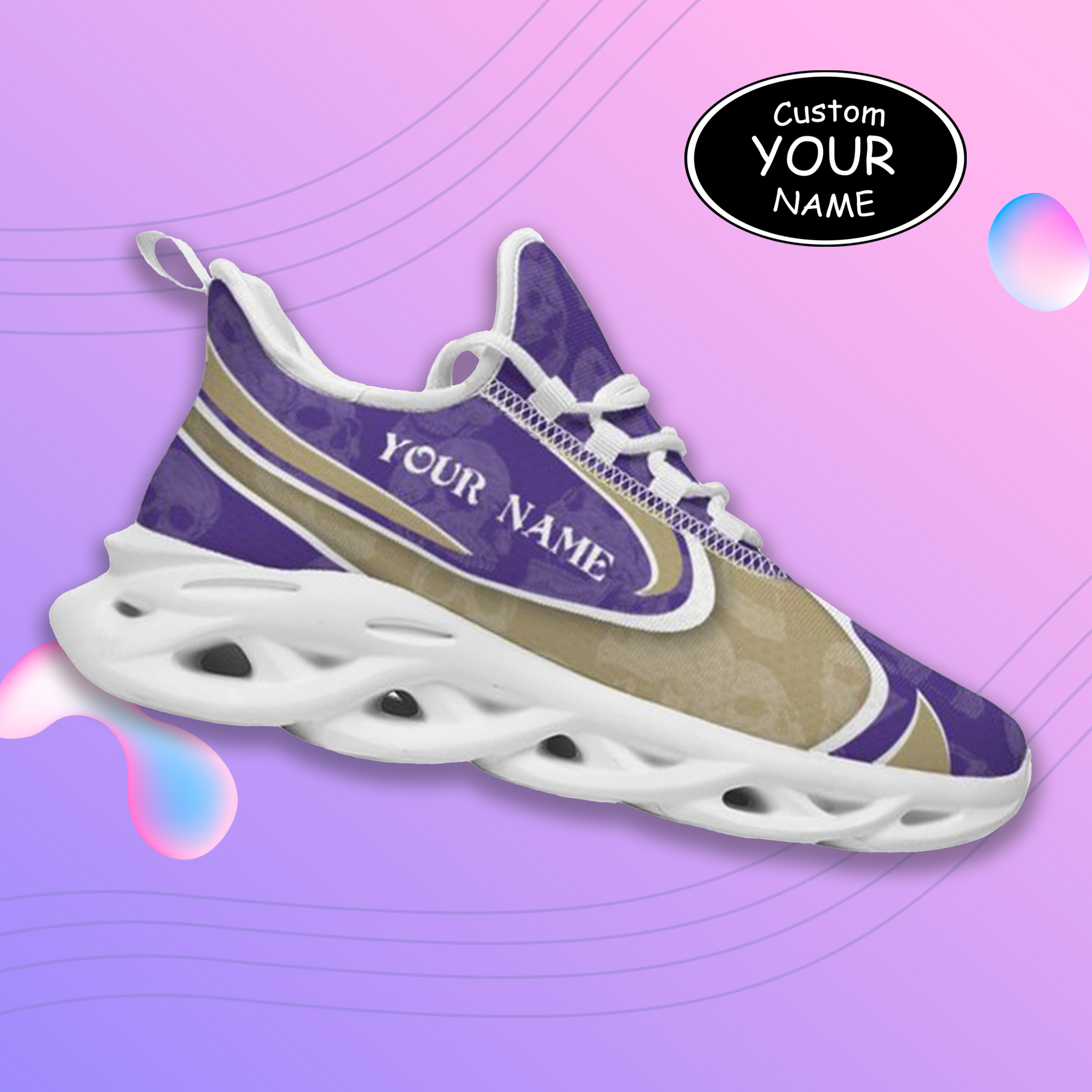 Max Sowl-25-cy-Seattle-13-5, Personalized Washington Huskies Custom Max Sowl Shoes, Personalized Skull Sport Footwear, Custom Color-Blocked Running Shoes