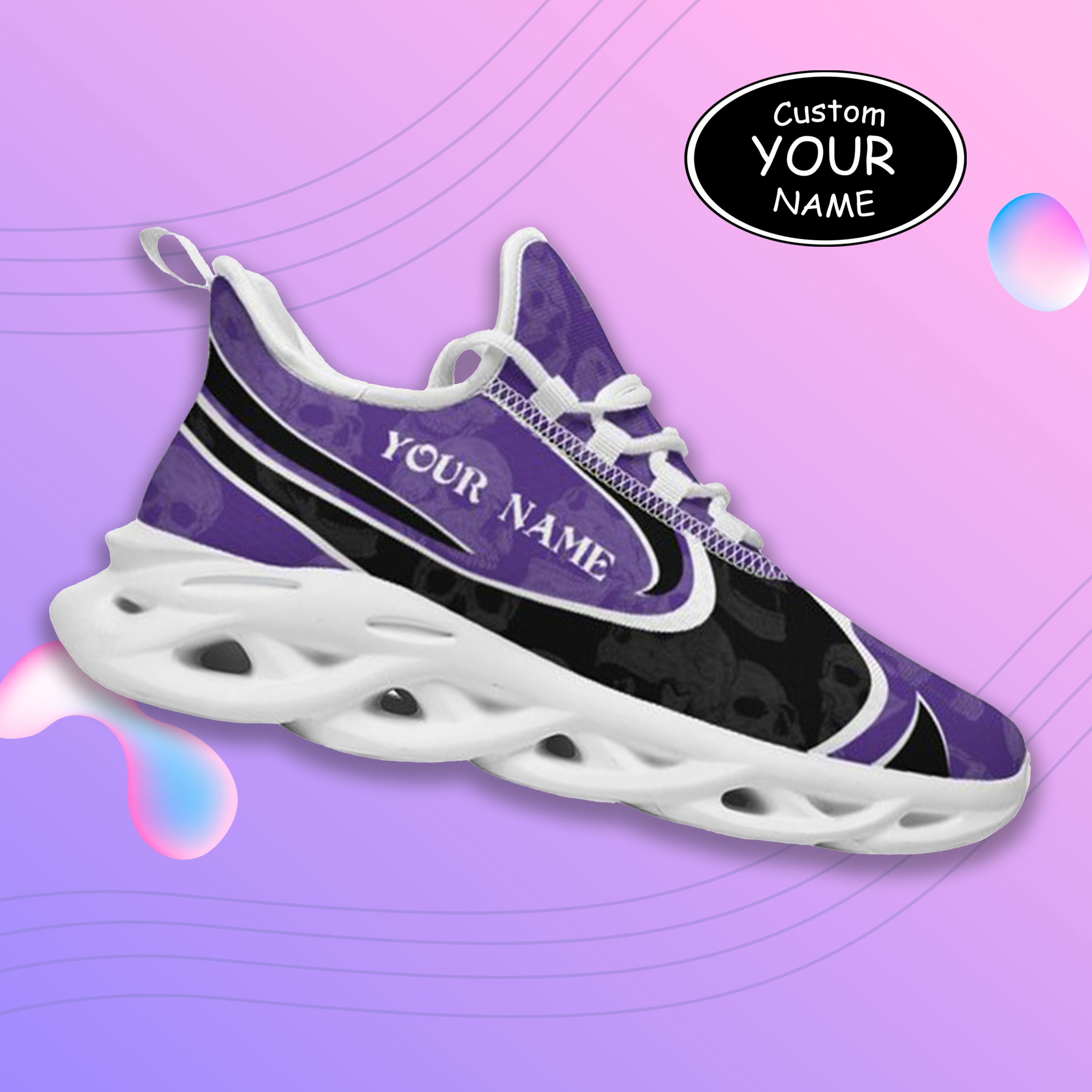 Max Sowl-25-cy-Evanston-21-5, Personalized Northwestern Wildcats Custom Max Sowl Shoes, Personalized Skull Sport Footwear, Custom Color-Blocked Running Shoes