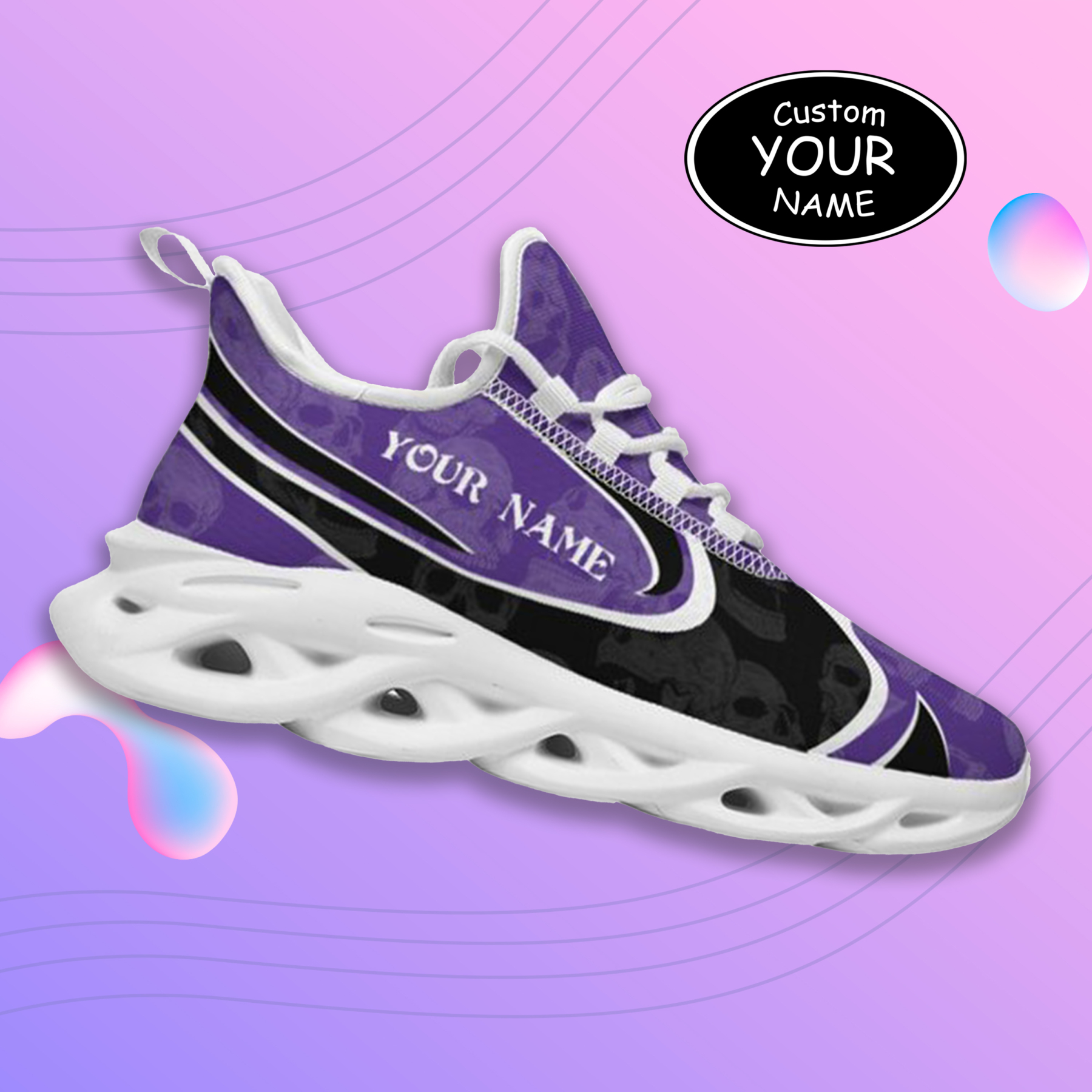 Max Sowl-25-cy-Evanston-21-5, Personalized Northwestern Wildcats Custom Max Sowl Shoes, Personalized Skull Sport Footwear, Custom Color-Blocked Running Shoes