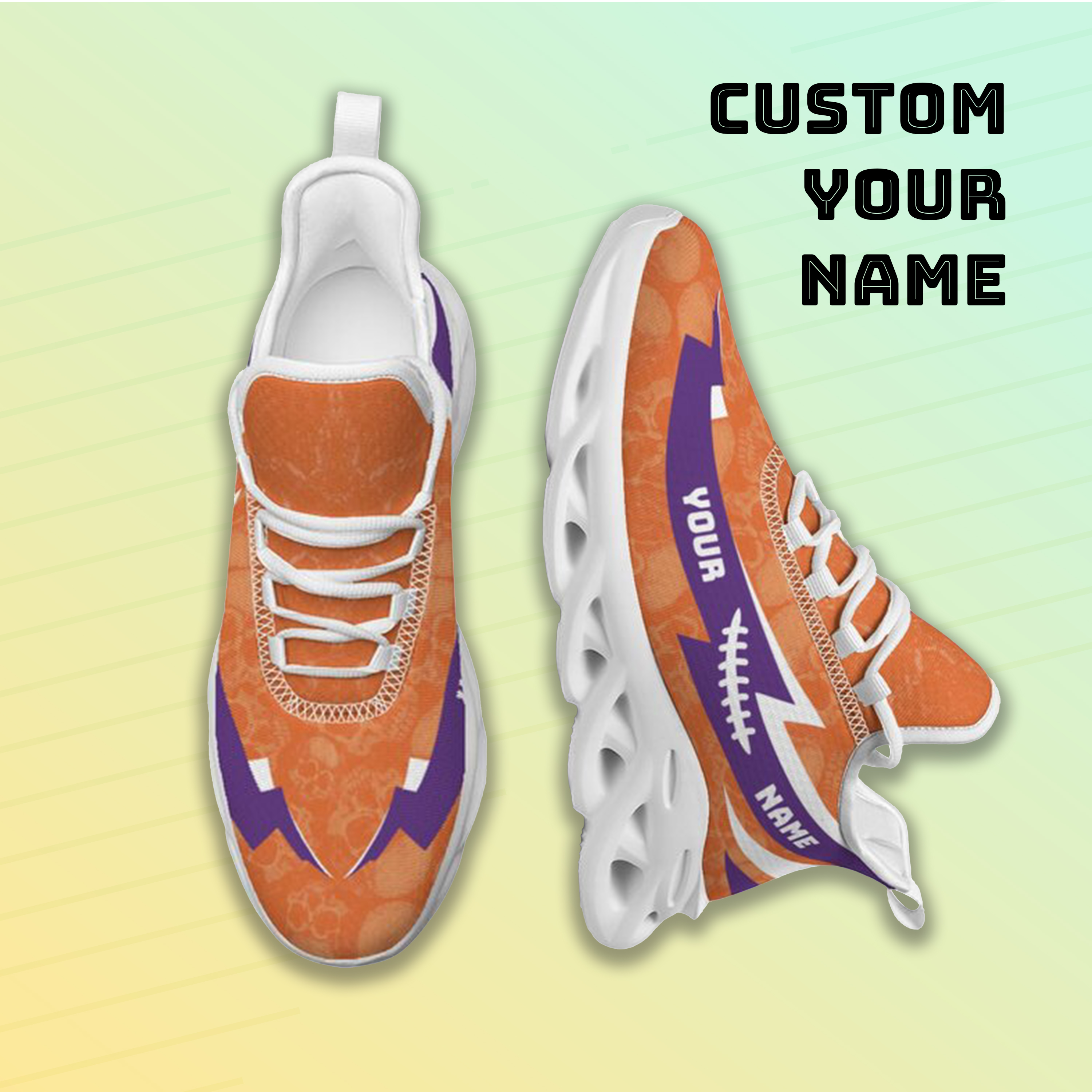Max Sowl-25-cy-Clemson-1-6, Personalized Clemson Tigers Custom Max Sowl Shoes, Personalized Skull Sport Footwear, Custom Color-Blocked Running Shoes