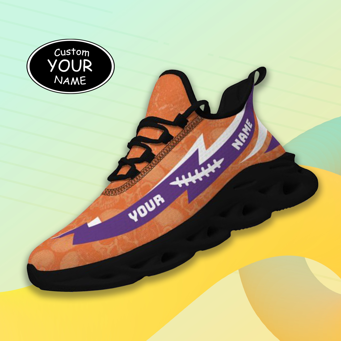 Max Sowl-25-cy-Clemson-1-6, Personalized Clemson Tigers Custom Max Sowl Shoes, Personalized Skull Sport Footwear, Custom Color-Blocked Running Shoes