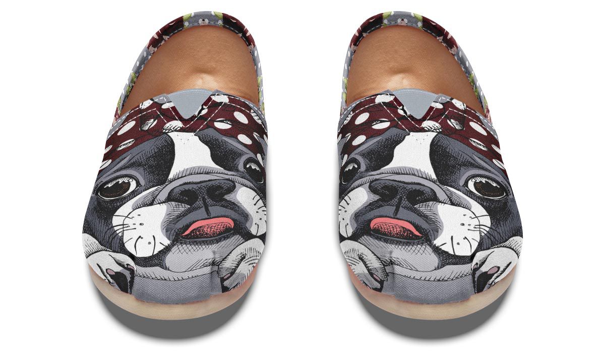 Floral Boston Terrier Dark Red Casual Shoes
