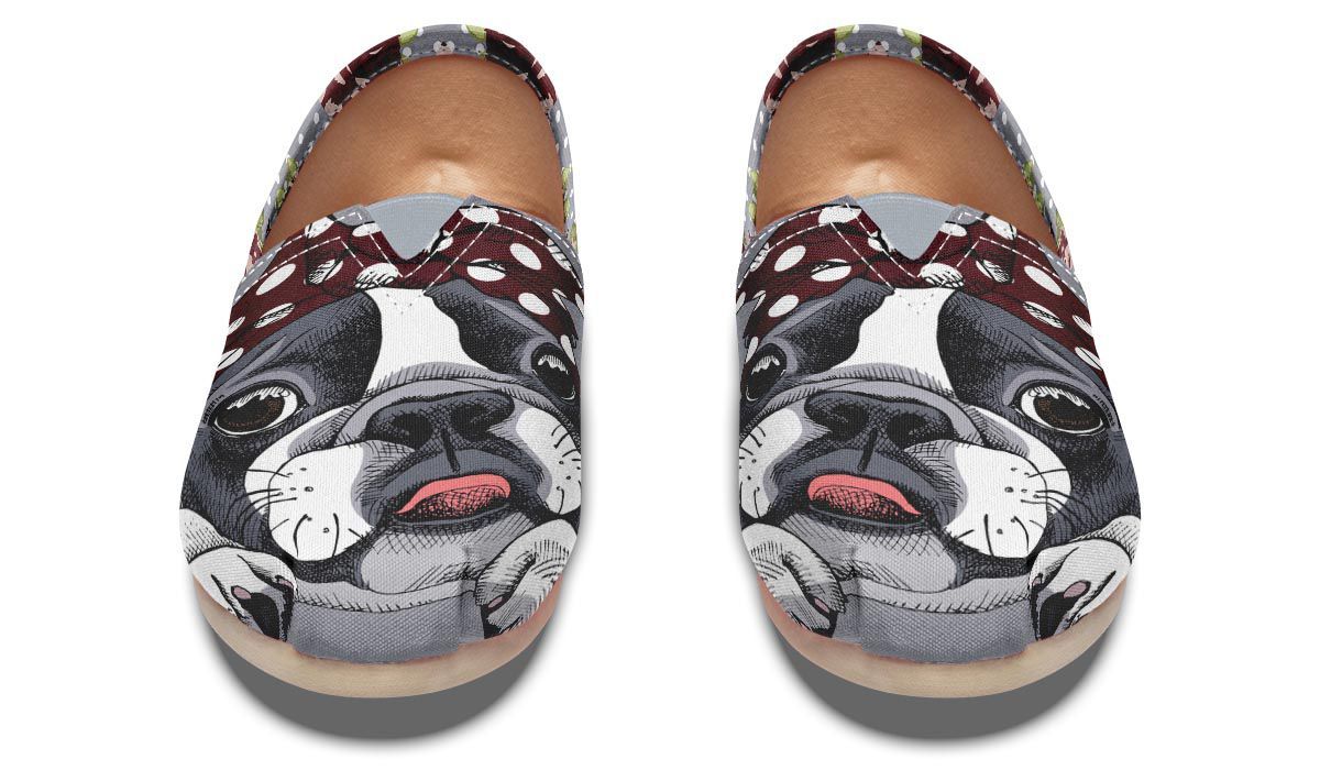 Floral Boston Terrier Dark Red Casual Shoes