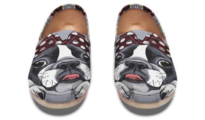 Floral Boston Terrier Dark Red Casual Shoes