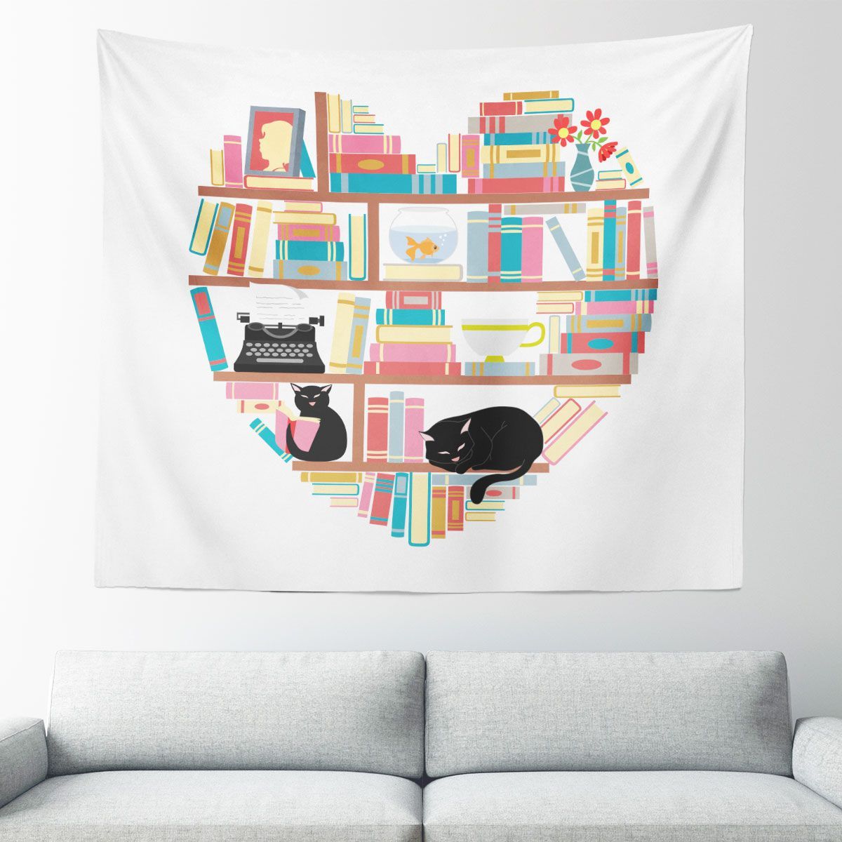 Cat Heart Books Wall Tapestry